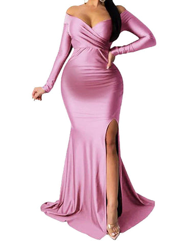Pink Off Shoulder Long Sleeve High Split Bodycon Baby Shower Party Gown Pregnancy Maternity Maxi Dress Maternity